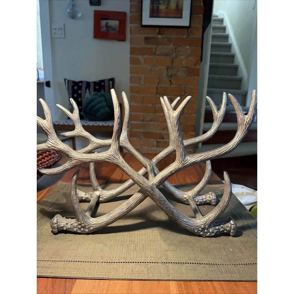 Metal Silver Toned Heavy Antler Wine Bottle Rack- 9.5” Tall 13” Wide 5” Deep
